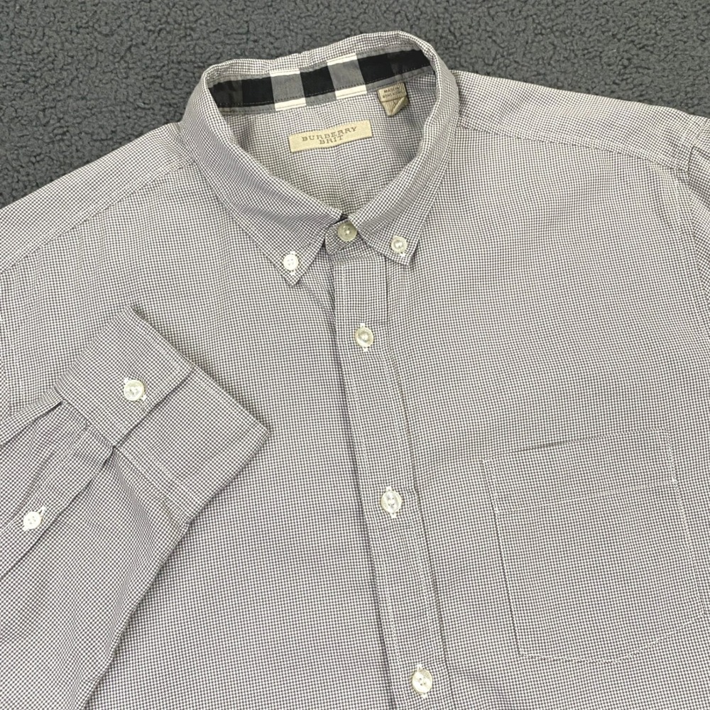 Burberry Brit Shirt Mens Large White Gray Houndstooth Nova Check Button Down